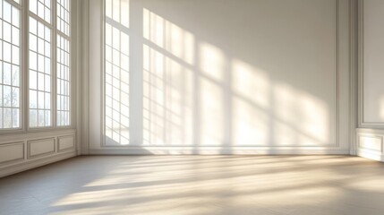 Obraz premium Sunlit Elegance Minimalist Interior with Soft Light. Subtle Shadows on Clean white Walls