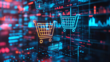 Abstract digital shopping cart icons on a vibrant data background, representing online commerce and technology innovation.