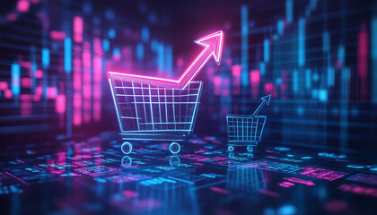 Abstract digital shopping carts illustrating e-commerce growth and market trends with neon colors.