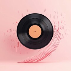 A black vinyl record appears to float over a pink backdrop
