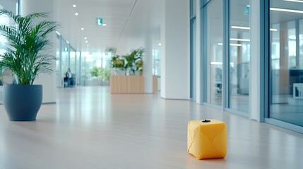 Modern Office Interior with Yellow Cube Seat Minimalist Design Bright Hallway