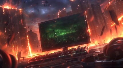 Next-gen gaming technology blank green screen smartphone floating with immersive gaming gear VR headset controller console and headphones neon blue digital space futuristic rendering