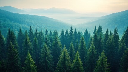 Misty mountain forest sunrise panorama