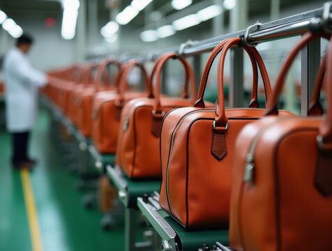 Production line manufacturing orange handbags in a modern factory