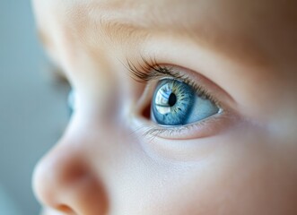 A close-up of the blue eye and white iris of an adorable baby boy, reflecting his pure joy. The focus is on the face or eyes, using macro photography and natural light. 