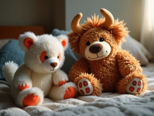 Fototapeta premium Two adorable stuffed animals sitting on bed in child's room