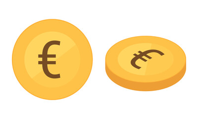 Set of flat and isometric gold Euro coins. Vector illustration isolated on a white background