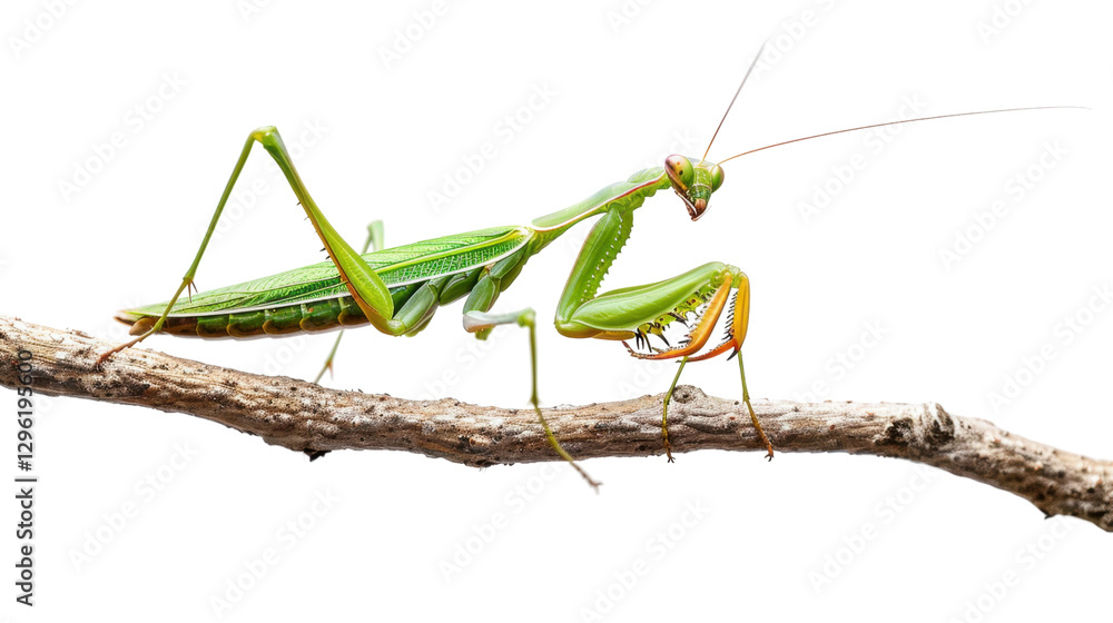 Poster praying mantis standing on a branch with transparent background