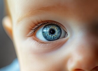 Naklejka premium A close-up of the blue eye and white iris of an adorable baby boy, reflecting his pure joy. The focus is on the face or eyes, using macro photography and natural light. 