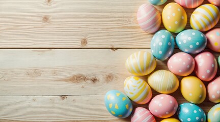Fototapeta premium Colorful hand-decorated Easter eggs in pastel hues of pink, blue, yellow, and green, clustered on a rustic wooden surface. Intricate patterns and soft diffused lighting create a warm, celebratory spri