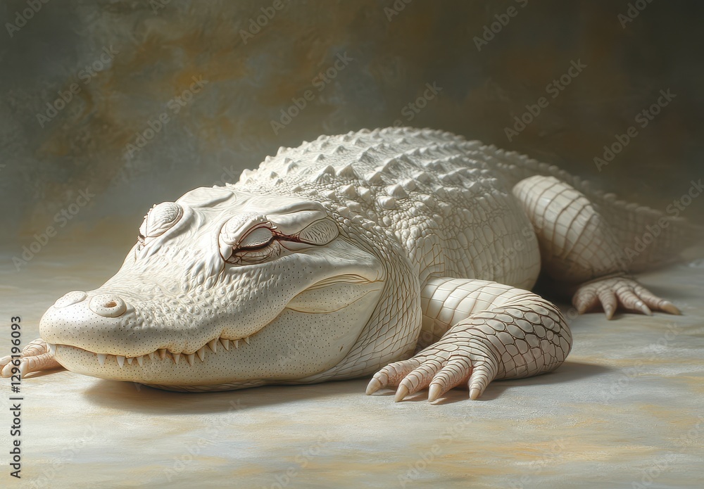 Poster serene white alligator resting on textured background with subtle earthy tones in a calm and captiva