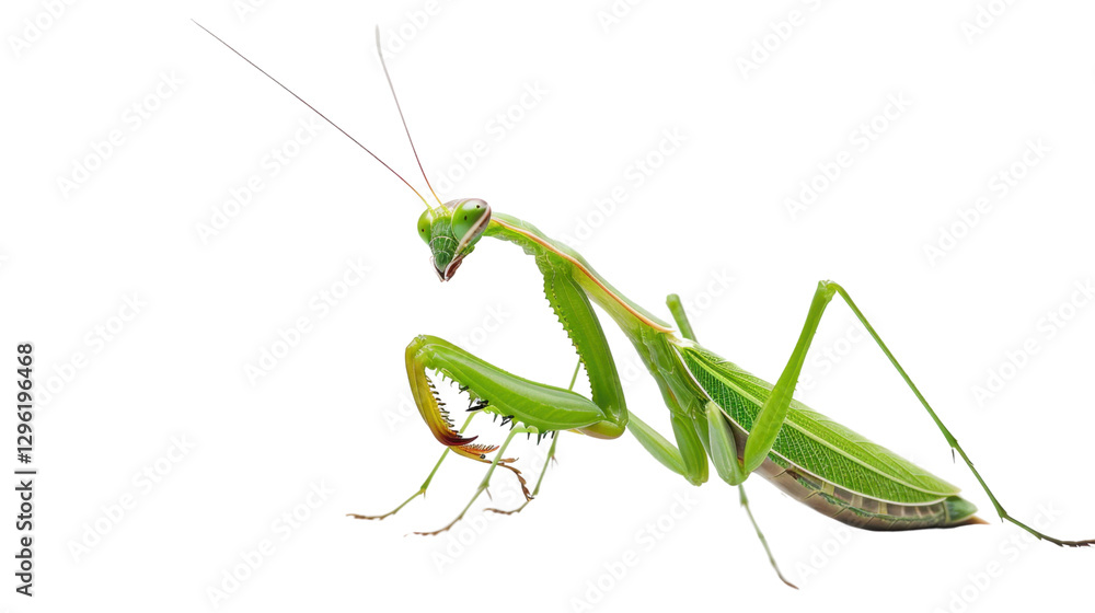 Poster praying mantis isolated on transparent background posing for the camera