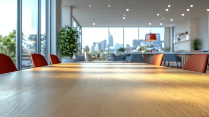 Fototapeta premium Modern office, city view, meeting table, sunlight