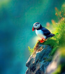 Fototapeta premium Photograph of an American puffin standing on the edge of its rocky island home, with its vibrant feathers and distinctive beak in focus against a blurred background. 