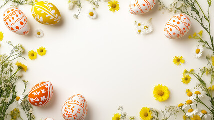 Easter eggs with floral designs surrounded by daisies and greenery