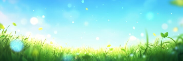 Obraz premium Vibrant summer meadow with green grass and blue sky, ideal for nature backgrounds and presentations