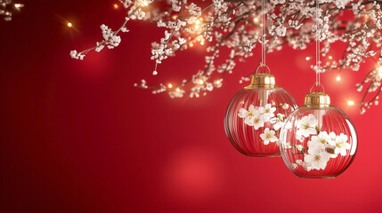 Elegant glass lanterns amid cherry blossoms against a vibrant red background