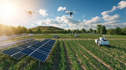 A high-tech farm with solar panels, drones, and robots optimizing crop growth, performing precision tasks, and reducing environmental impact.