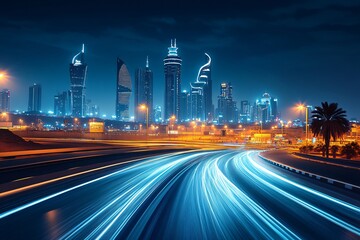 Night cityscape with towering skyscrapers and streaks of light from moving traffic, captured with long exposure. Perfect backdrop for automotive advertisements and urban development themes.