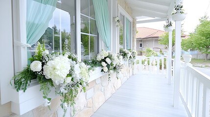 Elegant White Flower Arrangements Adorning White Porch Windows and Railing