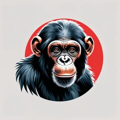 chimpanzee head on plain red background childish style illustration