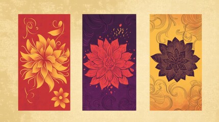Triptych of Elegant Floral Designs  Gold  Red  Purple  Yellow  Abstract Flowers  Artistic Prints