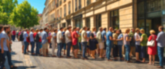 Obraz premium Group of individuals queued in front of a store, set against a blurred background for an authentic city vibe