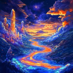 Fototapeta premium Vibrant Fantasy Landscape with Colorful Crystals and Flowing River