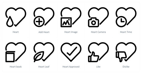 A set of 10 heart icons as heart, add heart, heart image