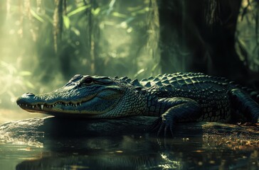 Fototapeta premium Stunning Close-up of a Lying Alligator in Lush Green Habitat Surrounded by Soft Light and Mystical Atmosphere