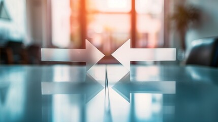Two glowing arrows converging into one on a sleek glass table, symbolizing business merger, partnership, collaboration, and strategic alliance concepts.