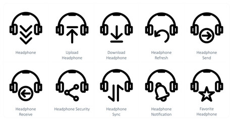 A set of 10 headphone icons as headphone, upload headphone, download headphone