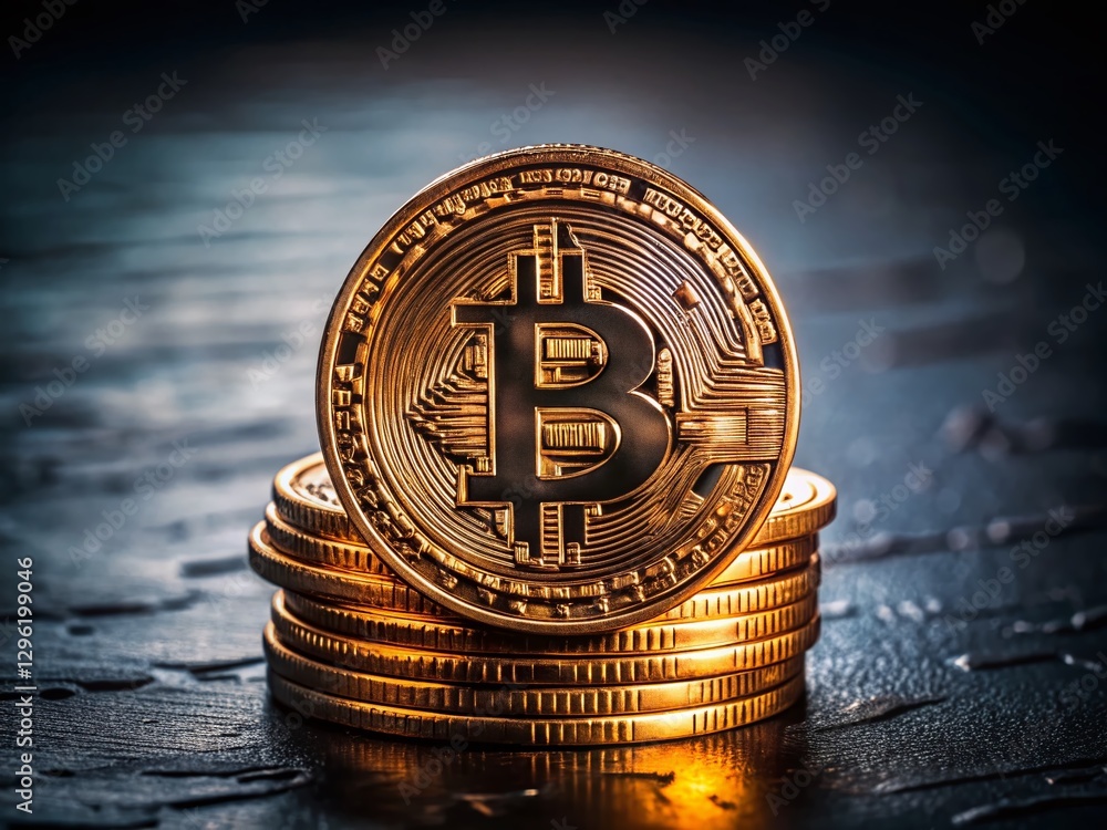 Poster cryptocurrency bitcoin stack on blockchain block - stock photo