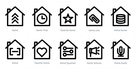 A set of 10 home icons as home, home time, favorite home