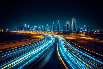 Obraz premium Night cityscape with towering skyscrapers and streaks of light from moving traffic, captured with long exposure. Perfect backdrop for automotive advertisements and urban development themes.