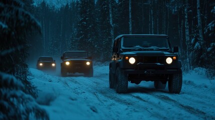 Convoy on Snowy Trail in Winter Forest