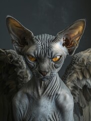 grey sphynx cat dressed as angel , smirking mischievously at the camera with mischievous detailed amber eyes , very detailed,
