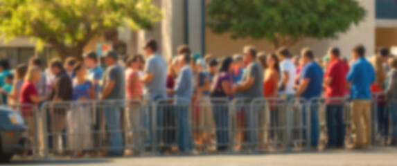 Obraz premium People waiting to buy goods, shot from the side with a blurred background to accentuate group dynamics