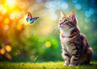 Obraz premium Curious Cat Watching Butterfly - Adorable Pet and Nature Stock Photo