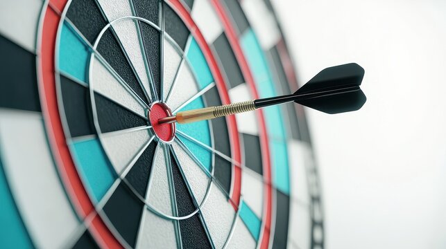 A 3D illustration showcases a vibrant bullseye against a pristine white backdrop, its center adorned with a sleek black dart, symbolizing the triumph of achieving a coveted goal or reaching a desired