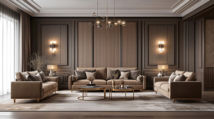 Luxurious modern living room featuring elegant lighting and sophisticated interior decoration