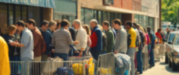 Fototapeta premium Diverse group of people lined up to shop, captured with a blurred background for a candid city moment