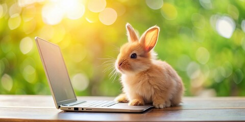 Cute Bunny Working on Laptop - Adorable Stock Photo