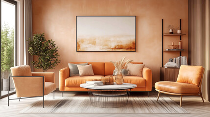 Modern living room with vibrant orange furniture and elegant decor