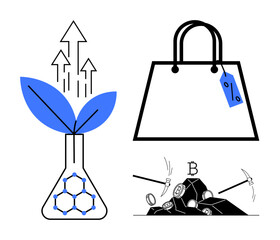 Test tube with sprouting plant and growth arrows, shopping bag with price tag, cryptocurrency mining with pickaxes. Ideal for sustainability, e-commerce, cryptocurrency, growth, innovation, future