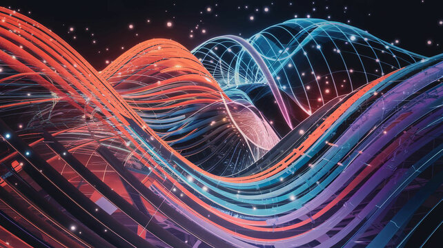 A stunning abstract visualization of a futuristic data environment, featuring colorful, glowing waves of digital elements
