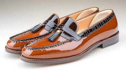 Fototapeta premium Elegant Brown Leather Tassel Loafers Polished Patent Leather Shoes Men s Formal Footwear