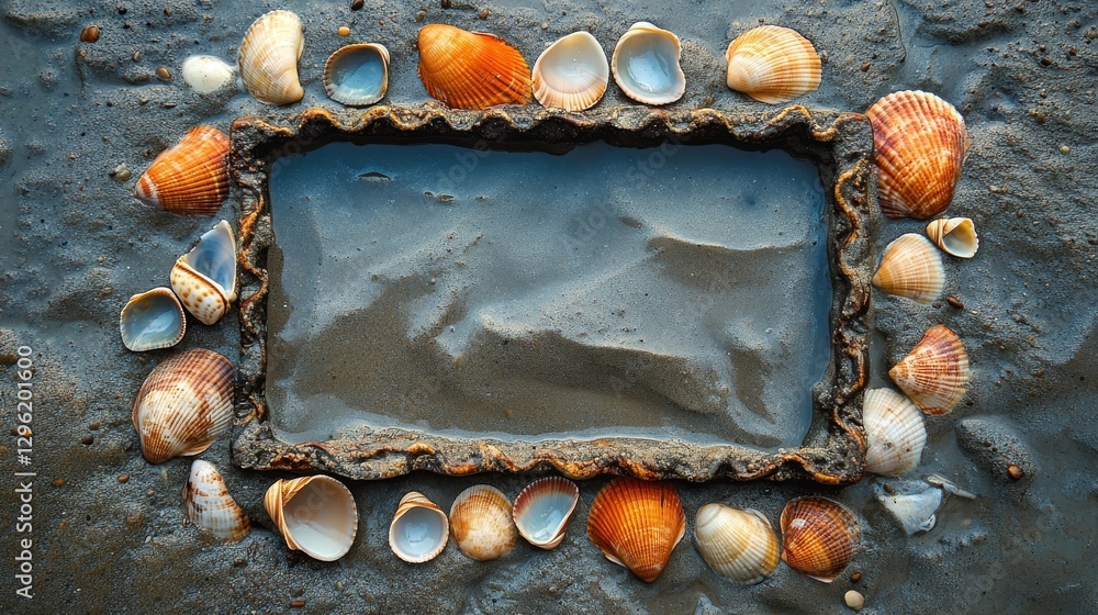 Poster seashells and textured sand create a rectangular border surrounding water