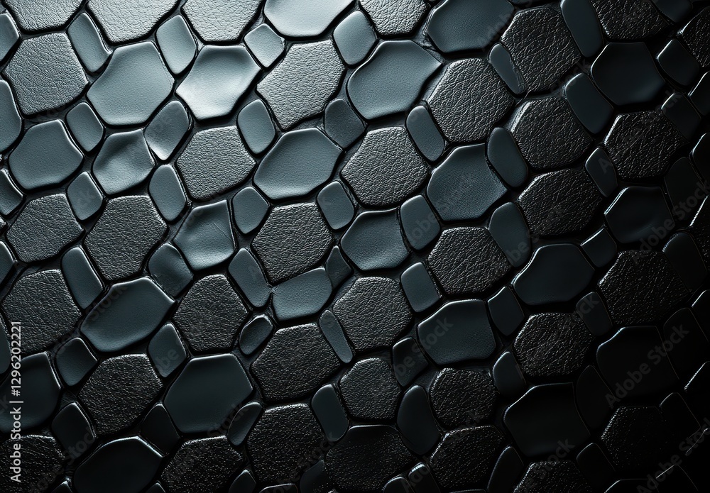 Poster textured black hexagonal pattern surface with glossy finish, creating an abstract background for mod