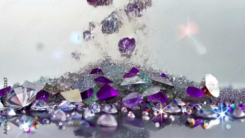 Poster crystals cascade downwards, catching light and creating a mesmerizing effect as they settle on a ref